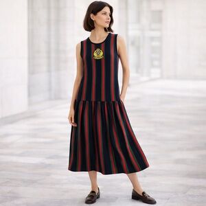 Adrienne Vittadini Sport Vtg 90s Varsity Crest Stripe Drop Waist Midi Dress M